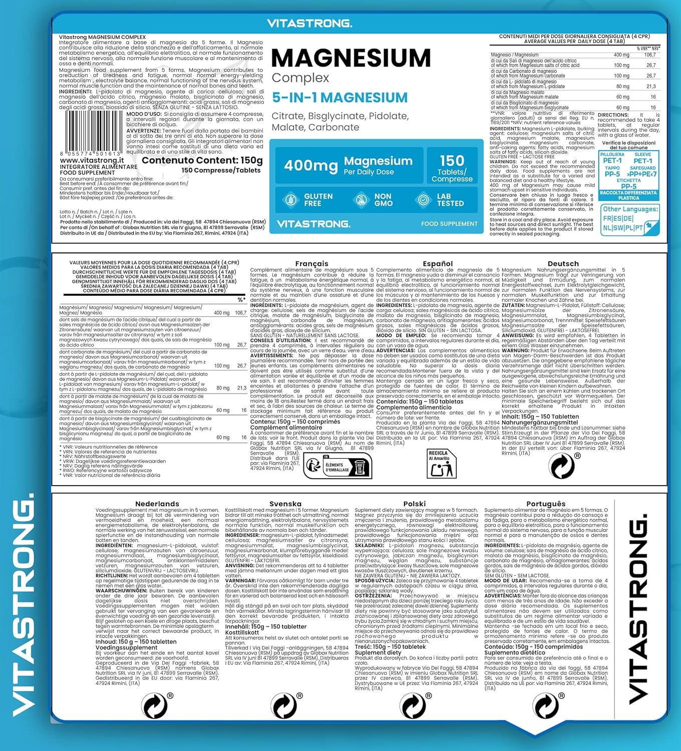 Verpackung von Magnesium-Komplex 5-in-1. Enthält 150 Tabletten. Mehrsprachige Informationen. Vitastrong-Logo.