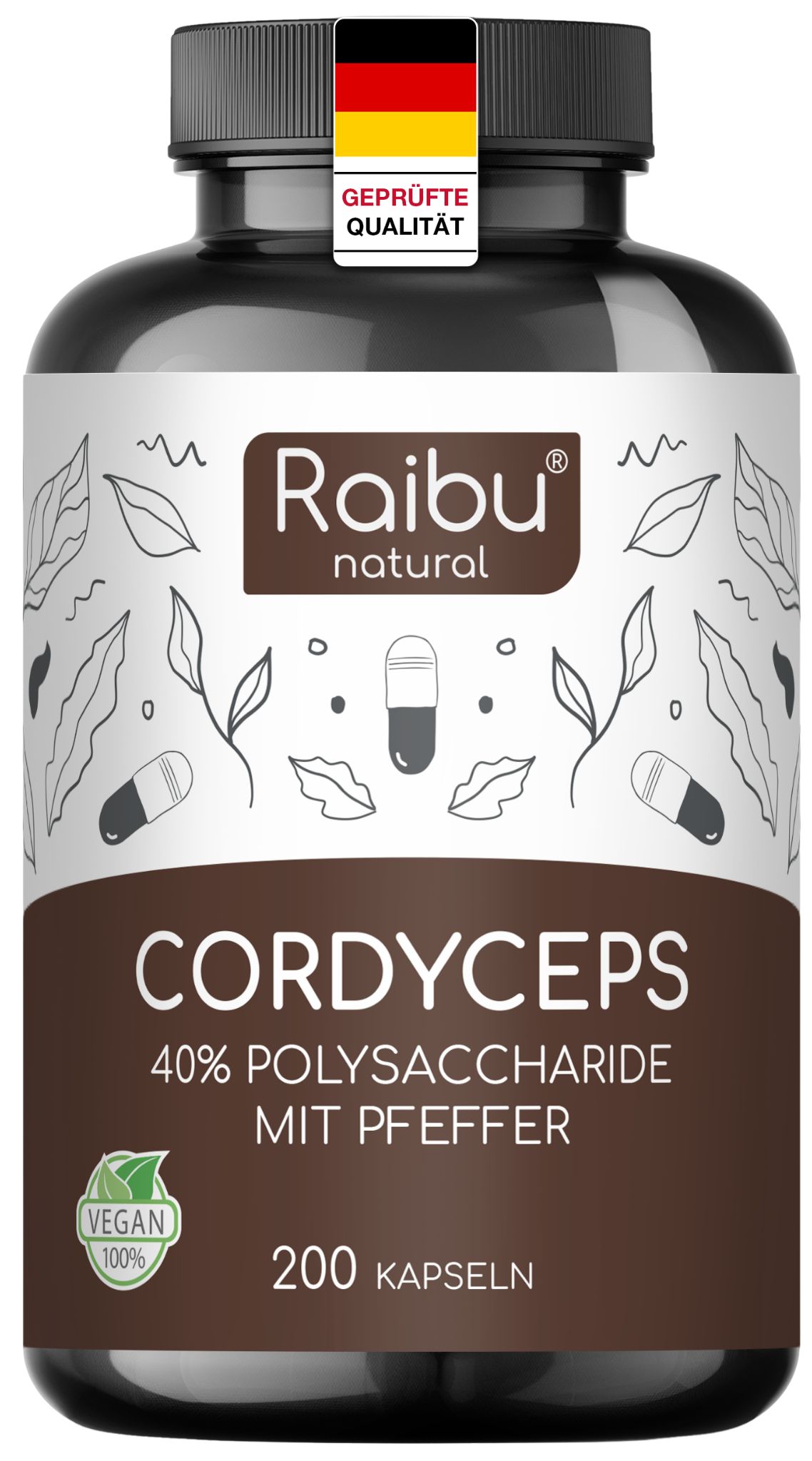 Braune Flasche mit Kapseln. Aufschrift: Cordyceps, 40% Polysaccharide, 200 Kapseln. Siegel: Geprüfte Qualität.