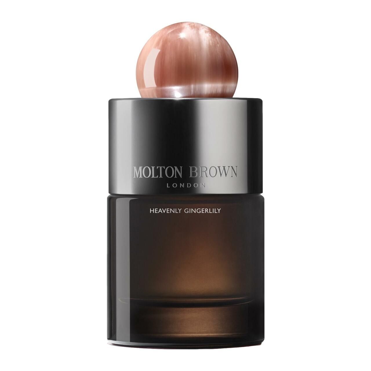 Dunkelbraune Flasche mit silbernem Deckel und rosafarbenem Verschluss. Schriftzug: Molton Brown, Heavenly Gingerlily.