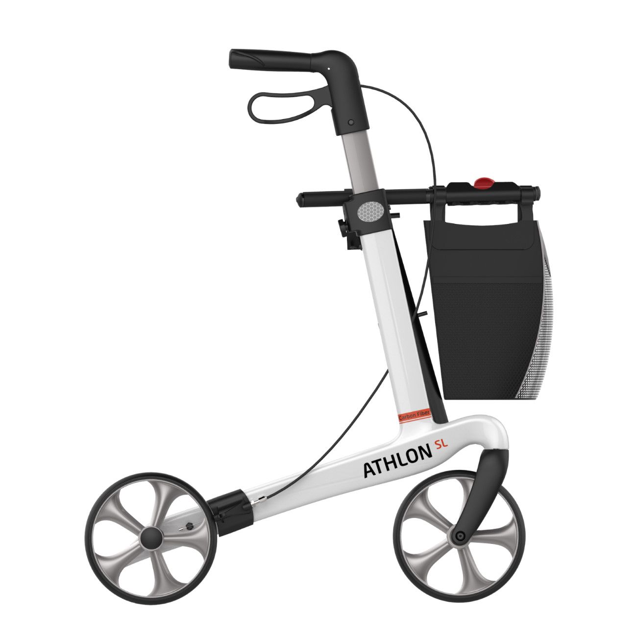Weißer Rollator mit schwarzen Akzenten. Hat vier Räder, einen Korb und Handgriffe. Aufschrift: ATHLON SL.