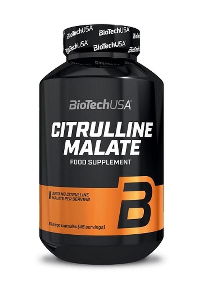 Schwarze Flasche mit "BioTechUSA Citrulline Malate". Enthält 90 Kapseln. Orangefarbener Aufdruck mit "B".