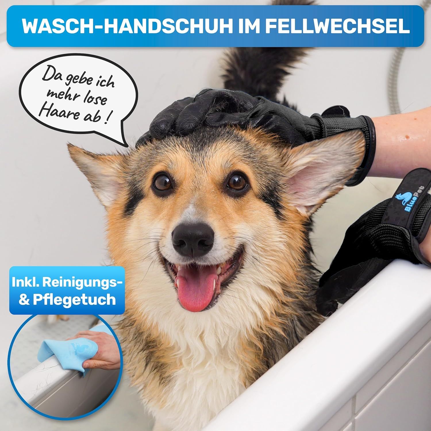 Hund in Badewanne wird mit schwarzem Fellpflegehandschuh gebürstet. Inkl. Reinigungs- & Pflegetuch. Text: Wasch-Handschuh im Fellwechsel.