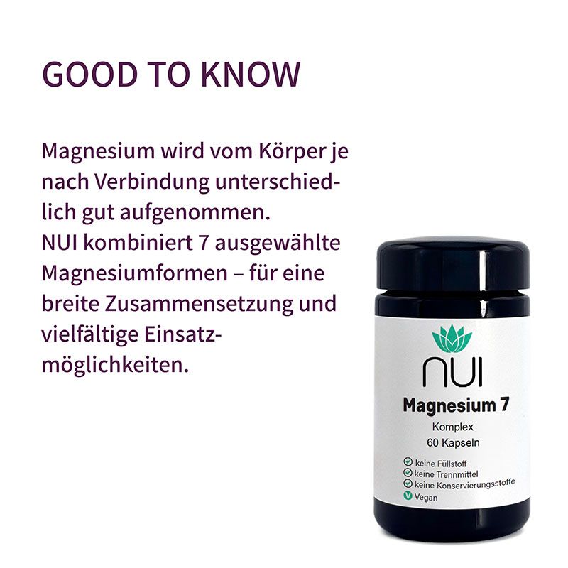 NUI Magnesium 7 Flasche. Schwarzer Deckel, weißes Etikett. Text: Magnesium wird unterschiedlich aufgenommen.