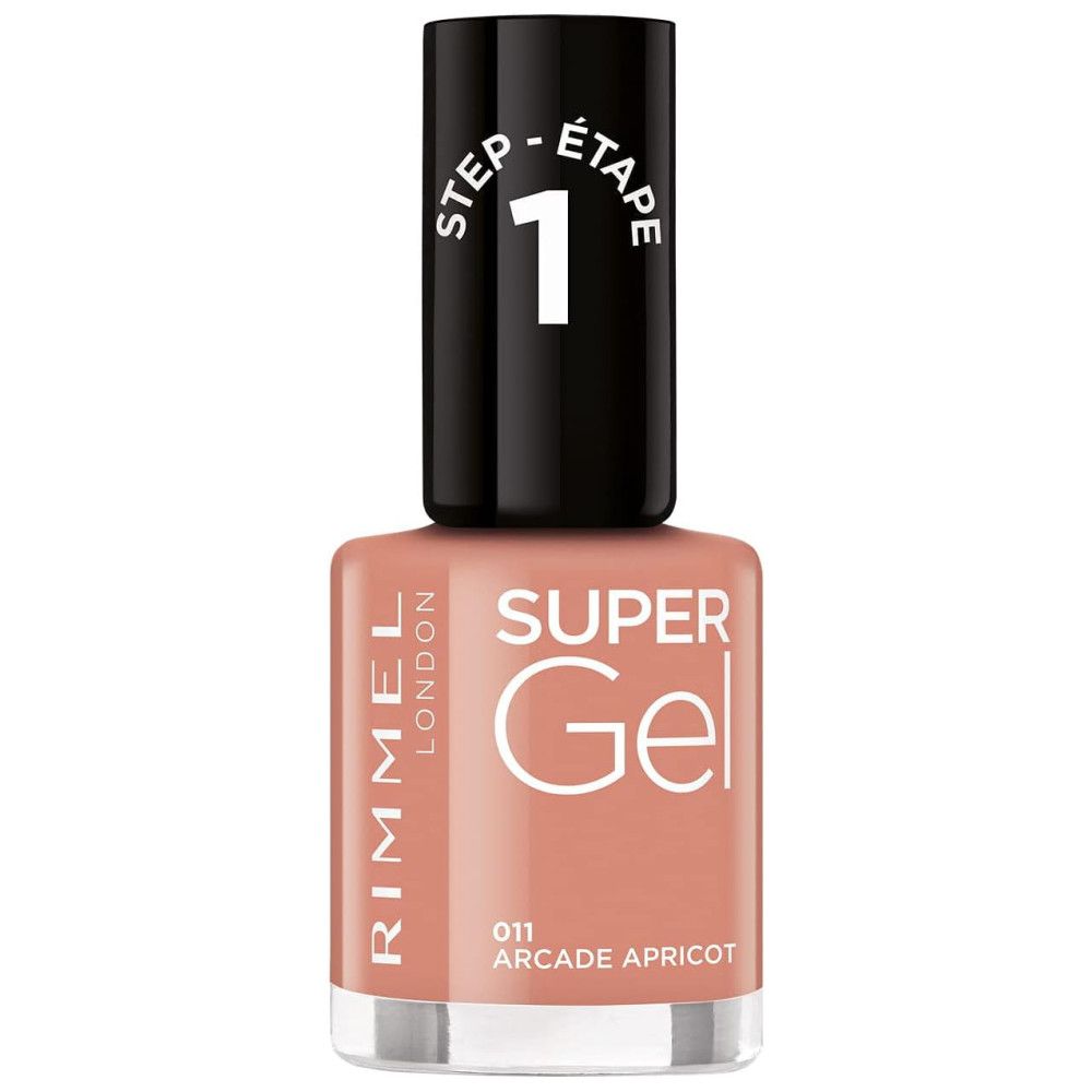 Nagellackflasche mit schwarzem Deckel. Aufschrift: Super Gel, Rimmel London. Farbe: 011 Arcade Apricot.