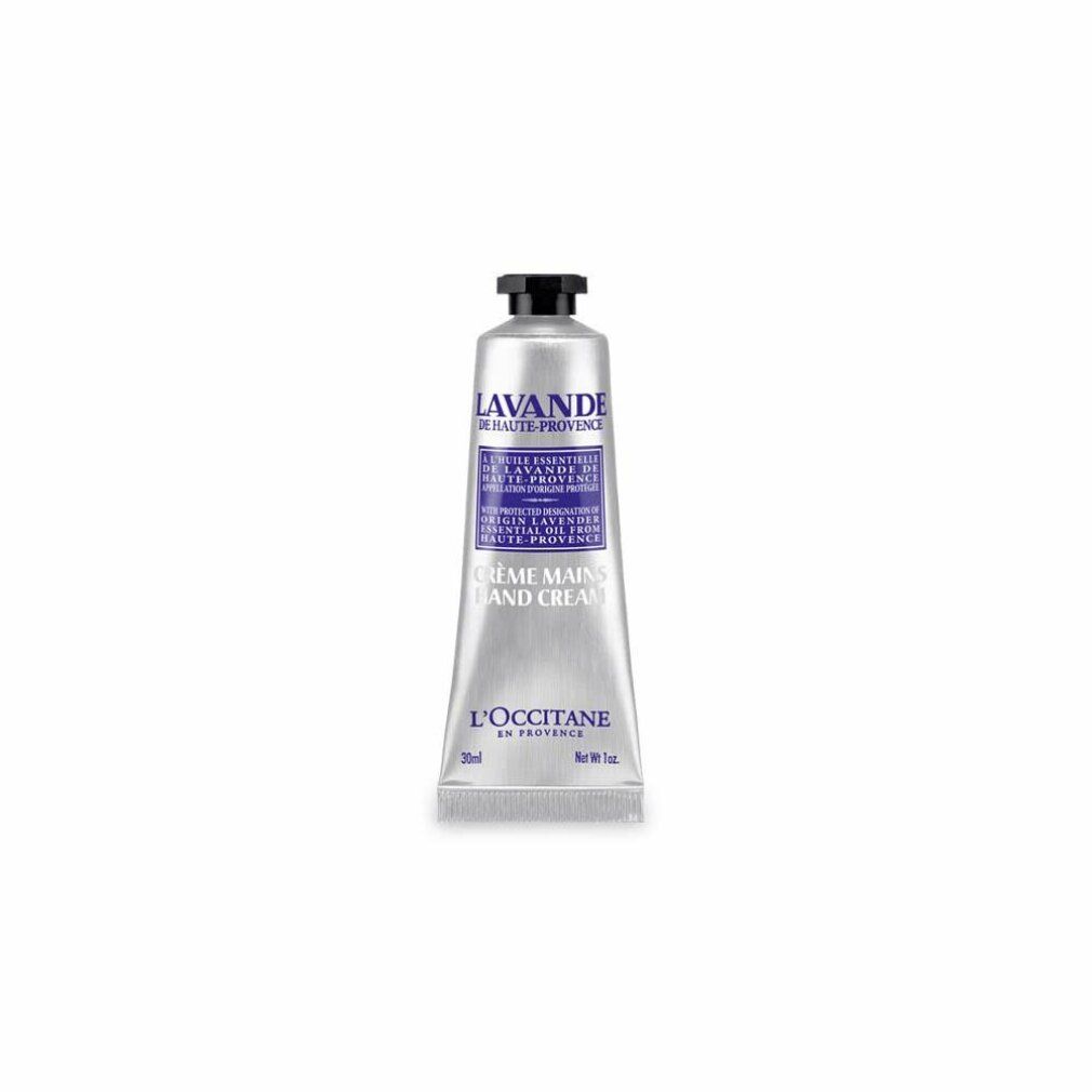 Silberne Tube mit schwarzem Deckel. Aufschrift: Lavande, Crème Mains Hand Cream, L'Occitane. 30ml.