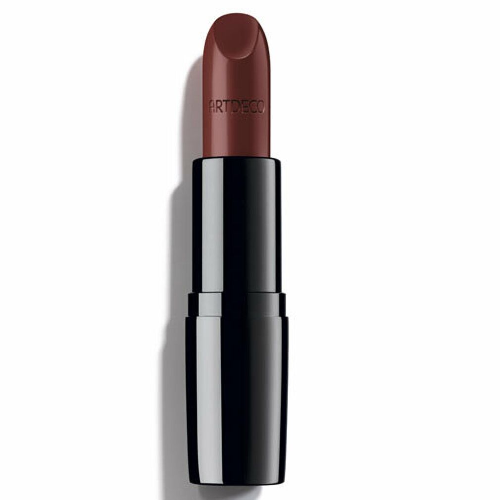 Artdeco Perfect Color Lipstick, Farbton 809 Red Wine. Schwarzer glänzender Schaft, aufgedrehter roter Lippenstift.
