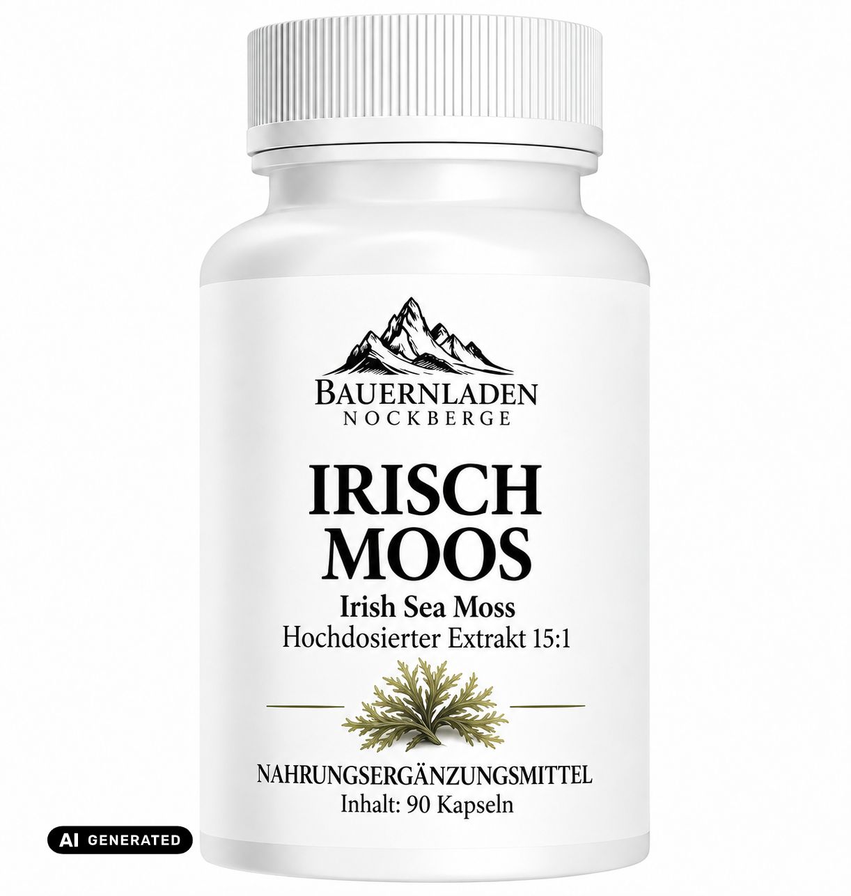 Weiße Dose mit Irisch Moos Kapseln, hochdosierter Extrakt 15:1. Enthält 90 Kapseln.