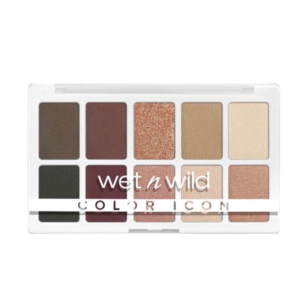 Lidschatten-Palette mit 10 Farbtönen. Verschiedene Farbtöne in einer weißen Kunststoffverpackung. Schriftzug: Wet n Wild, Color Icon.