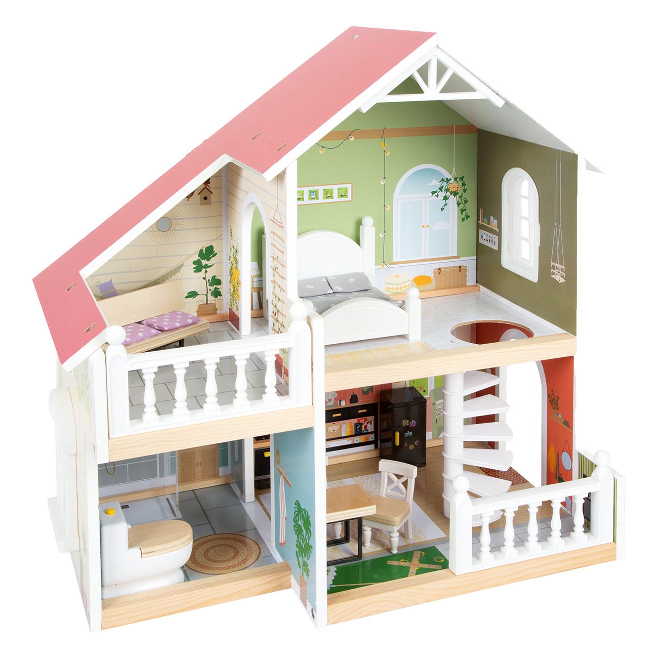 Puppenhaus Stadtvilla kompakt. Mehrstöckiges Holzhaus mit Balkon, Bad, Küche und Schlafzimmer. Weiße und grüne Akzente.