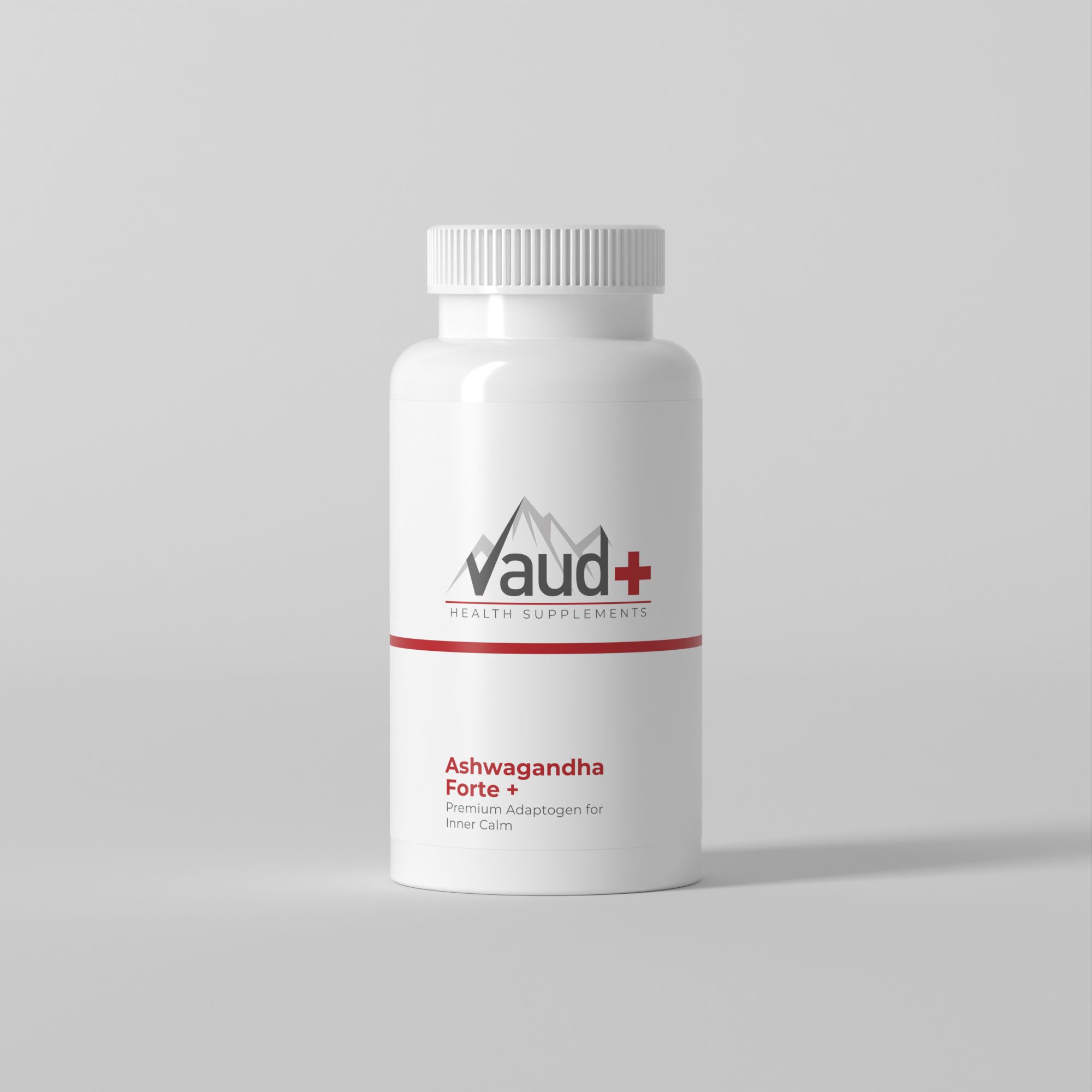 Weiße Flasche mit Aufschrift: Vaud+, Ashwagandha Forte+. Premium Adaptogen für innere Ruhe. Weißer Hintergrund.