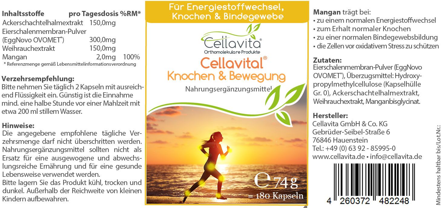 Verpackung Cellavita Knochen & Bewegung Nahrungsergänzungsmittel mit 180 Kapseln.