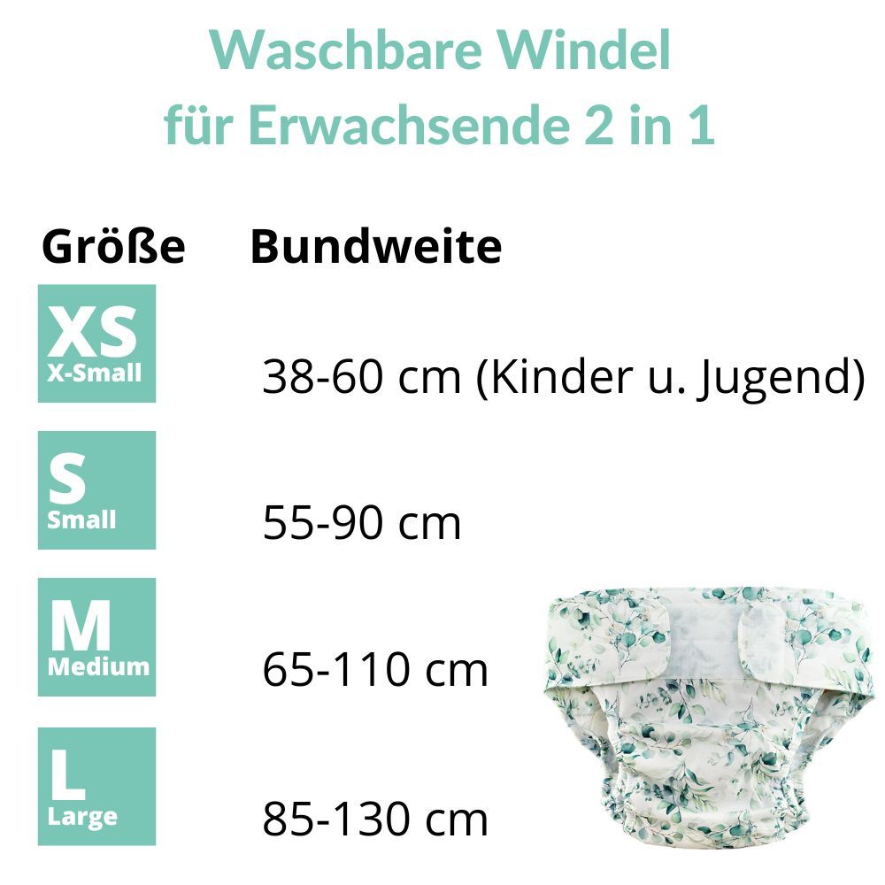 Größentabelle für waschbare Windeln: XS (38-60cm), S (55-90cm), M (65-110cm), L (85-130cm).