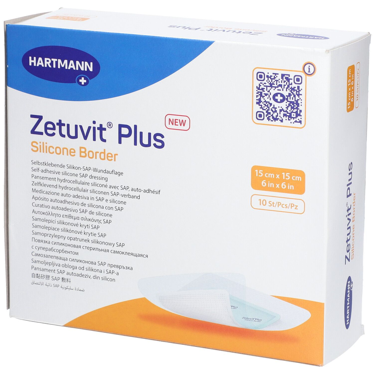 Vorderseite der Zetuvit® Plus Verpackung. 15x15 cm. 10 Stück. Hartmann Logo. Selbstklebende Silikon-SAP-Wundauflage.