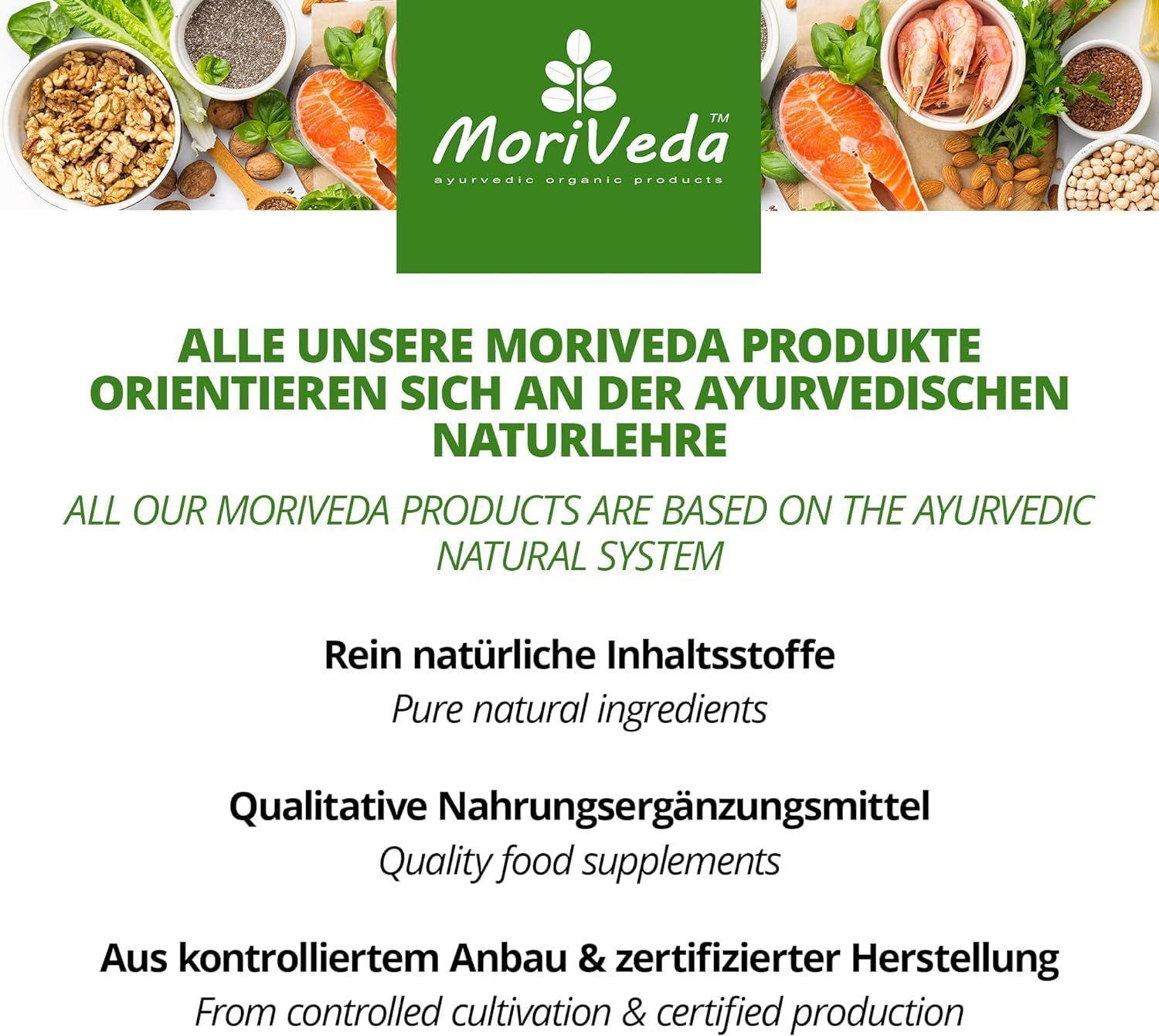 Text: Alle unsere Moriveda Produkte orientieren sich an der ayurvedischen Naturlehre. Reine natürliche Inhaltsstoffe. Qualitative Nahrungsergänzungsmittel.