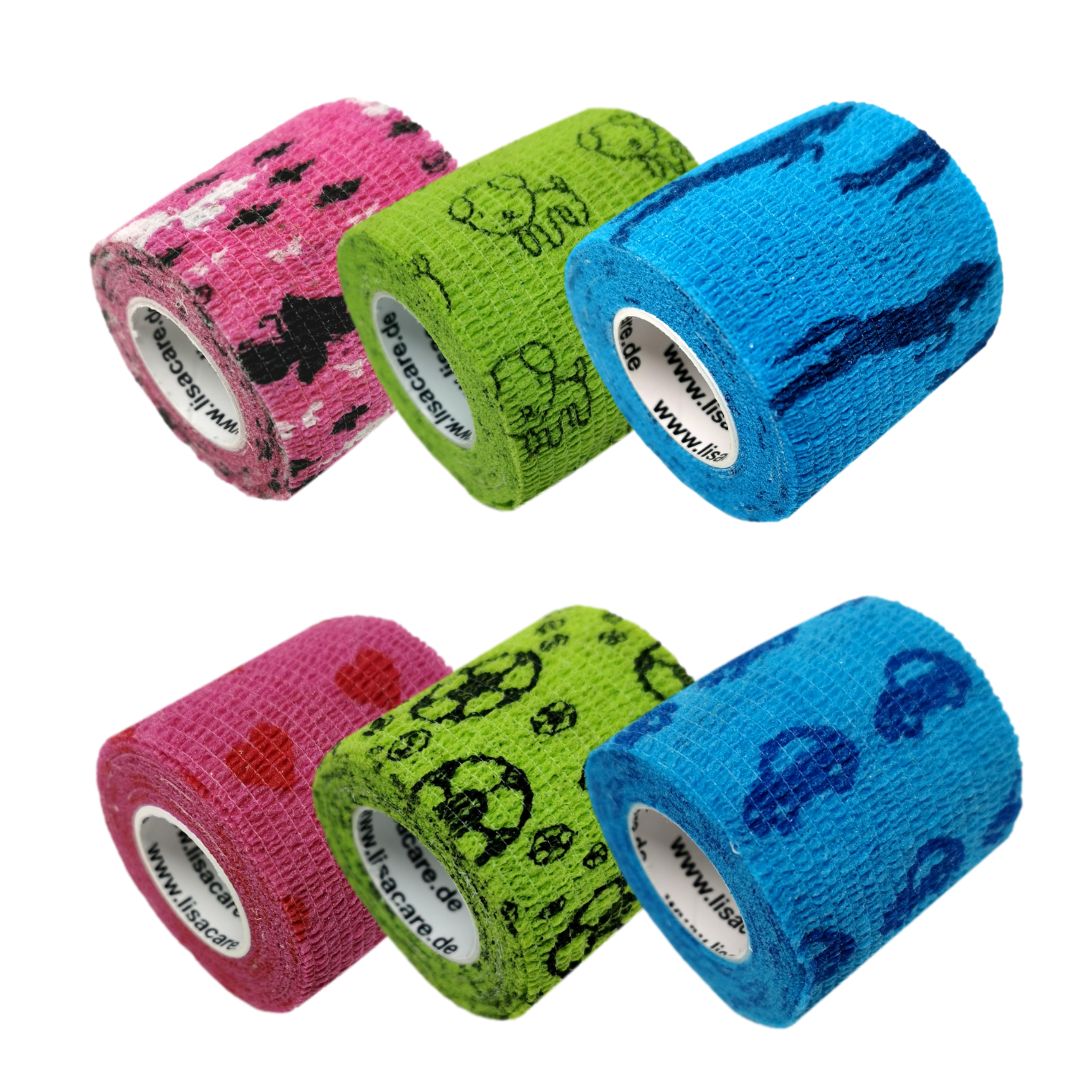 Sechs Rollen elastisches Pflaster mit Tiermotiven in Pink, Grün und Blau.