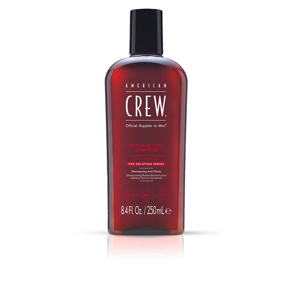 Rote Shampoo-Flasche mit schwarzem Deckel. Aufschrift: AMERICAN CREW. Text: Wave Hair Care Shampoo. 8.4 Fl. Oz. / 250ml.