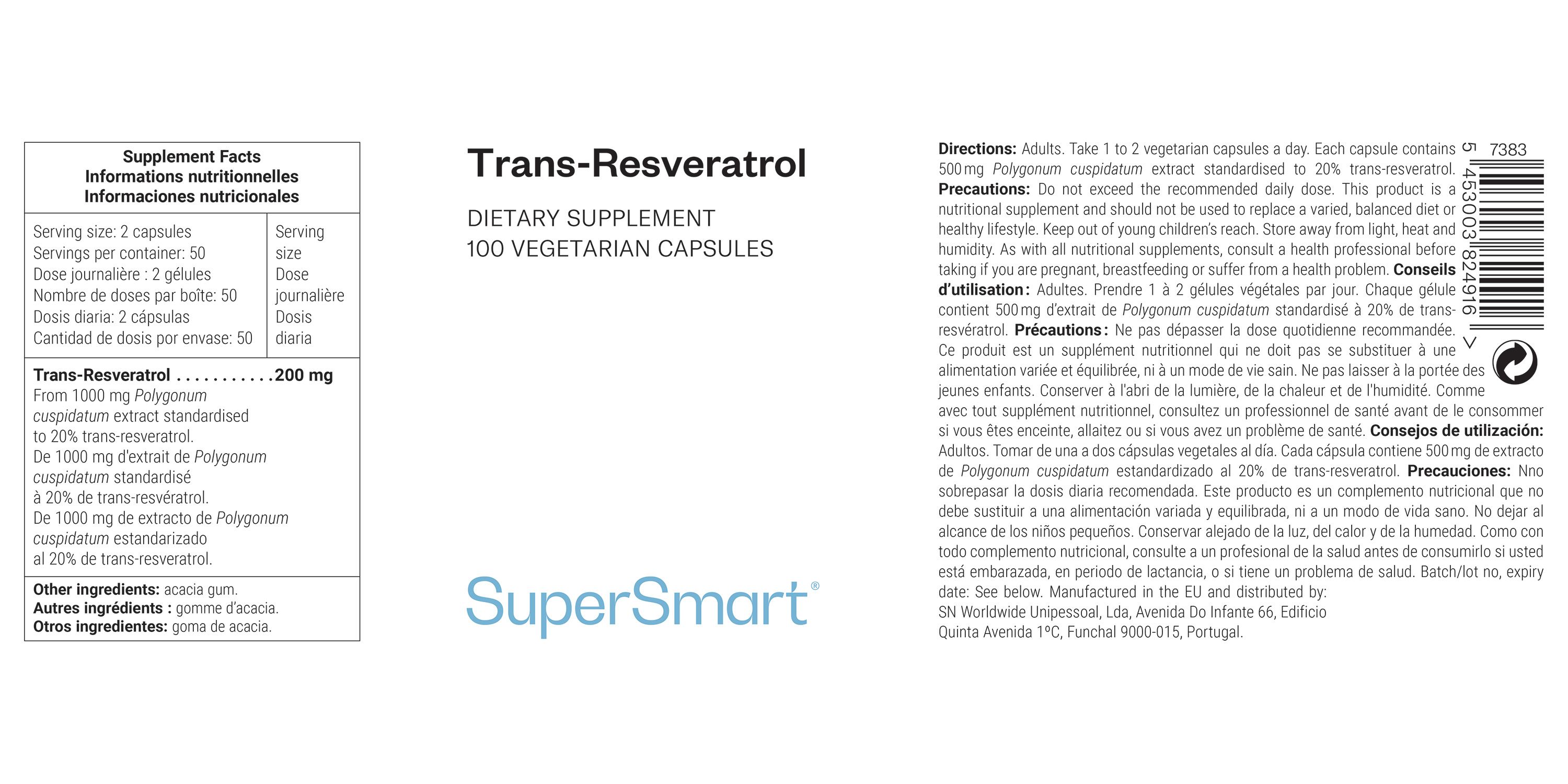 Etikett mit Informationen zu Trans-Resveratrol. Enthält Nährwertangaben, Dosierungshinweise und das Logo von SuperSmart. Text in Englisch und Französisch.