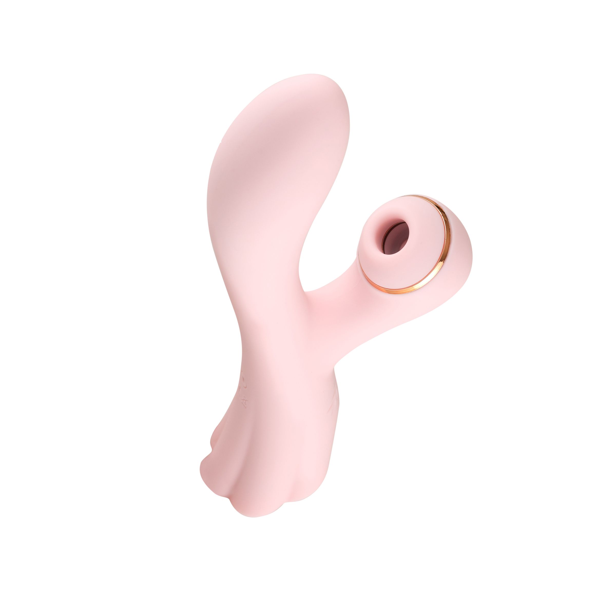 Rosa Vibrator mit geschwungener Form und goldfarbenem Akzent. Ovale Öffnung am Kopf.