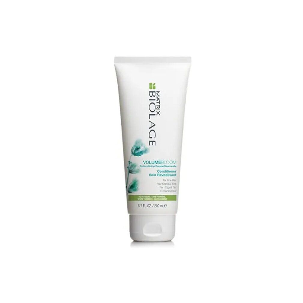 Weiße Tube BIOLAGE volumebloom Conditioner. Grüne und blaue Grafik. Text: Conditioner, 6.7 fl. oz / 200 ml.