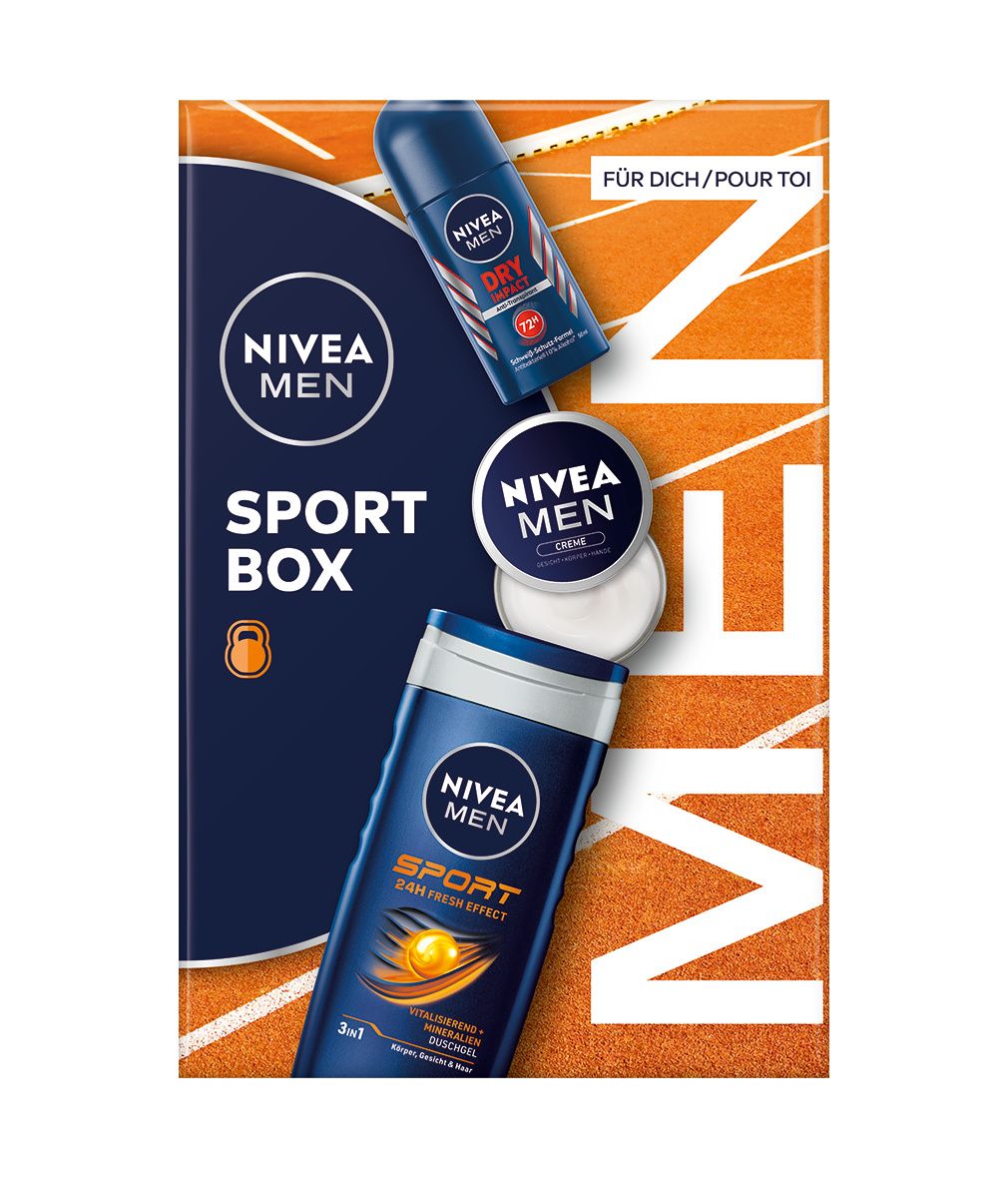 NIVEA MEN Sport Box Geschenkset, Creme Sport Pflegedusche Impact Deo Roll-on