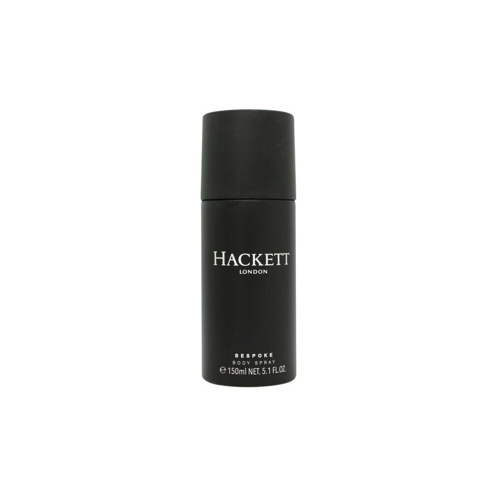 Schwarzes Hackett Bespoke Body Spray. Aufschrift: Hackett London, Bespoke Body Spray, 150 ml 5.1 FL OZ.