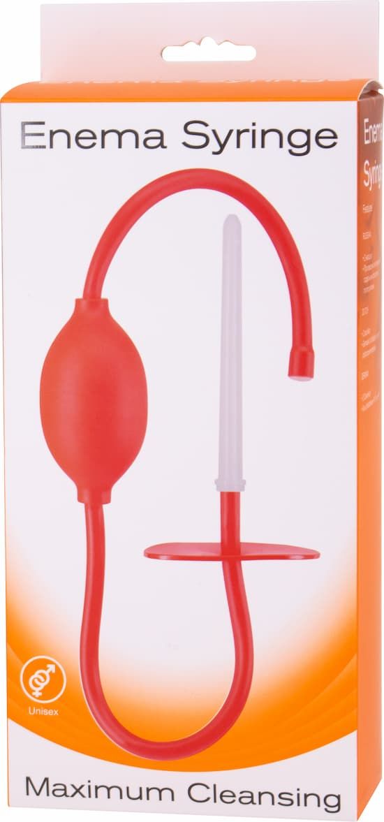 Enema Syringe in Verpackung. Roter Ballon, Schlauch und Applikator. Unisex-Symbol. Aufschrift: Maximum Cleansing.