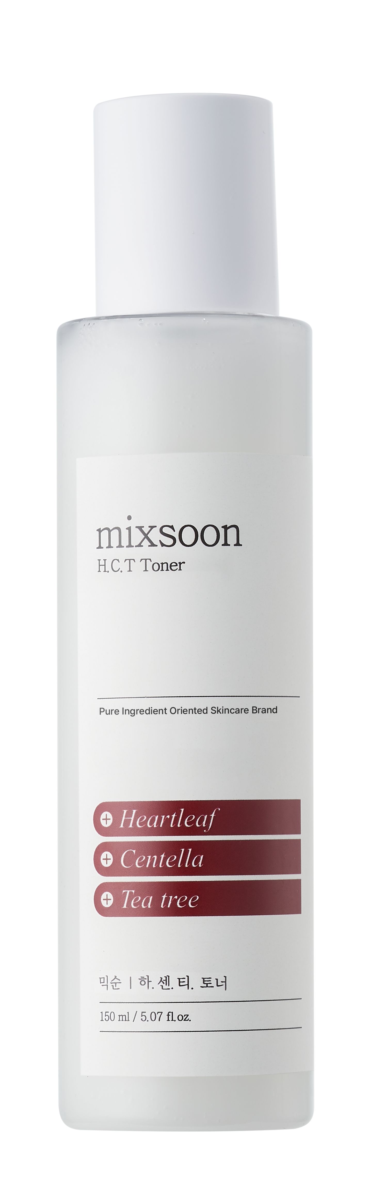 Weißes, zylindrisches Produkt mit weißem Deckel. Aufschrift: mixsoon H.C.T. Toner. Auf dem Etikett sind Inhaltsstoffe wie Heartleaf, Centella und Tea Tree aufgeführt.