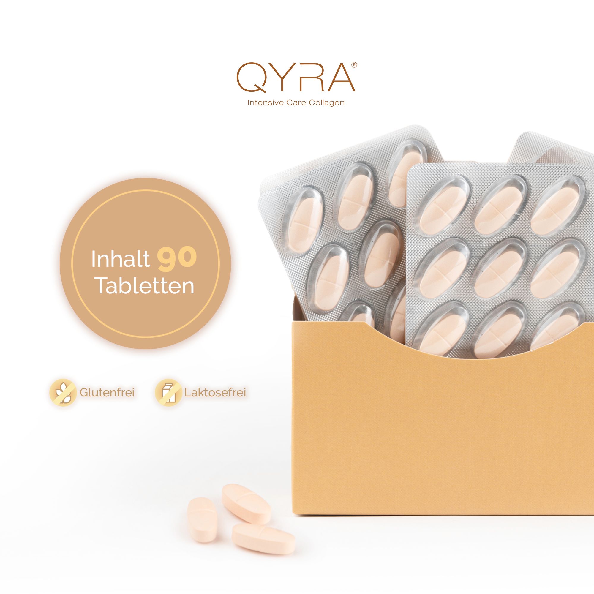 QYRA® Kollagen Tabletten in Blistern und Karton. Inhalt: 90 Tabletten. Glutenfrei, laktosefrei.