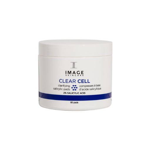 Weiße Dose mit blauem Streifen. Aufschrift: IMAGE SKINCARE CLEAR CELL, klärende Salicylsäure-Pads. 60 Pads.