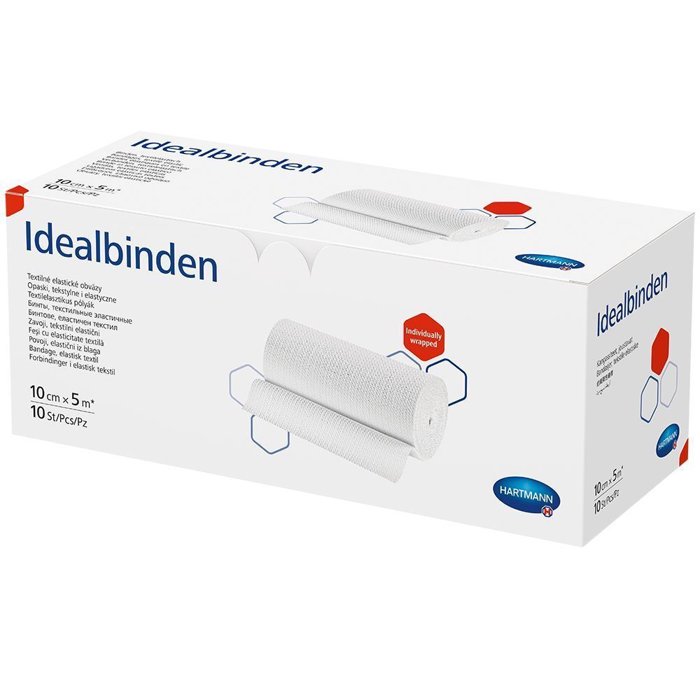 Verpackung mit Idealbinden. Weißer Karton mit Produktname und Logo. Enthält 10 Stück. Größe: 10cm x 5m.