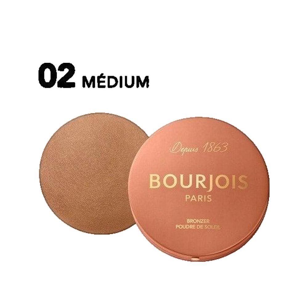 Blusher-Puder und Behälter. Aufschrift: Bourjois Paris, Bronzer, Poudre de Soleil. Goldfarbene Schrift, hellbraune Farbe. Text: 02 Medium.