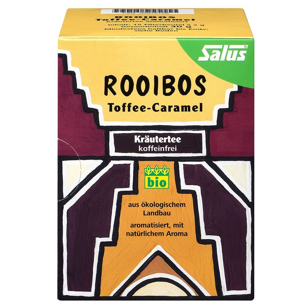 Karton mit Salus® Rooibos Toffee-Caramel Tee. Aufschrift: Rooibos, Toffee-Caramel, Kräutertee, koffeinfrei. Bio-Siegel.