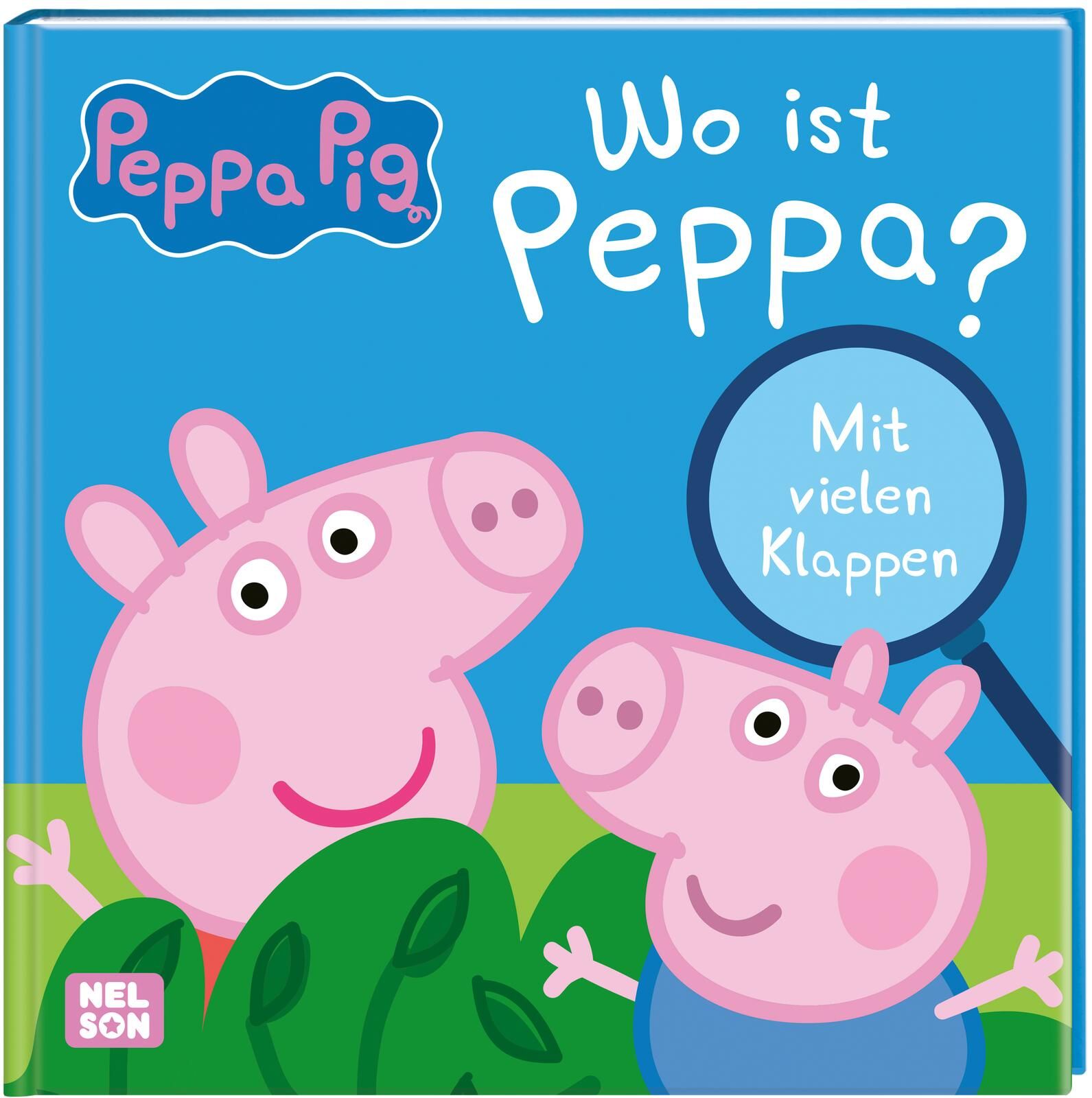 Buchcover mit Peppa Pig. Titel: Wo ist Peppa? Zwei Schweine, blaue Schrift, Lupe.
