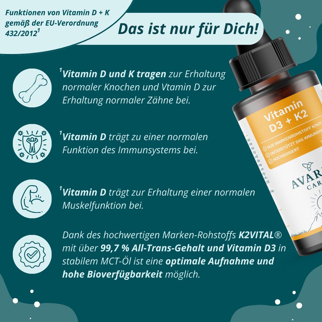 AVARIA CARE® Vitamin D3 K2 Tropfen – hochwertiges K2VITAL® 99,7% all-trans – MCT Öl