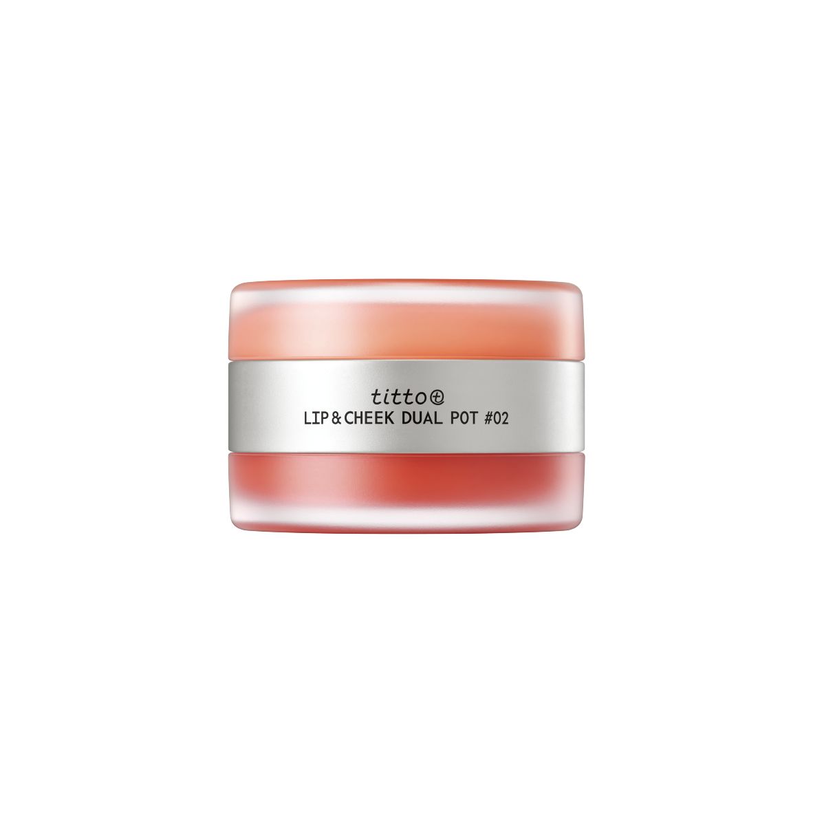 Lip & Cheek Dual Pot #02. Orangefarbener Behälter mit silbernem Band.