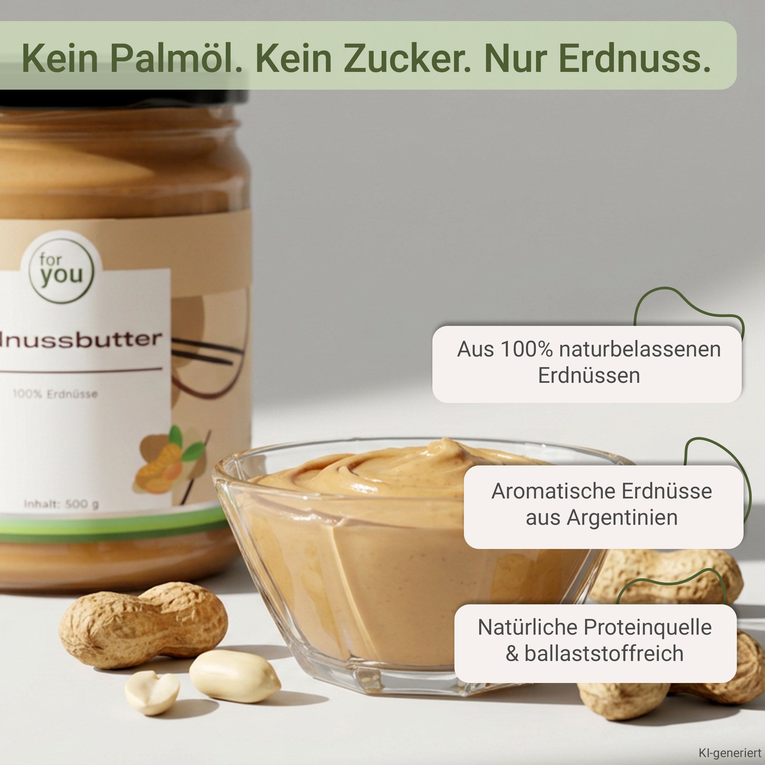 Glas Erdnussbutter mit Schale, Schüssel und Erdnüssen. Beschriftung: 'Kein Palmöl. Kein Zucker. Nur Erdnuss.'