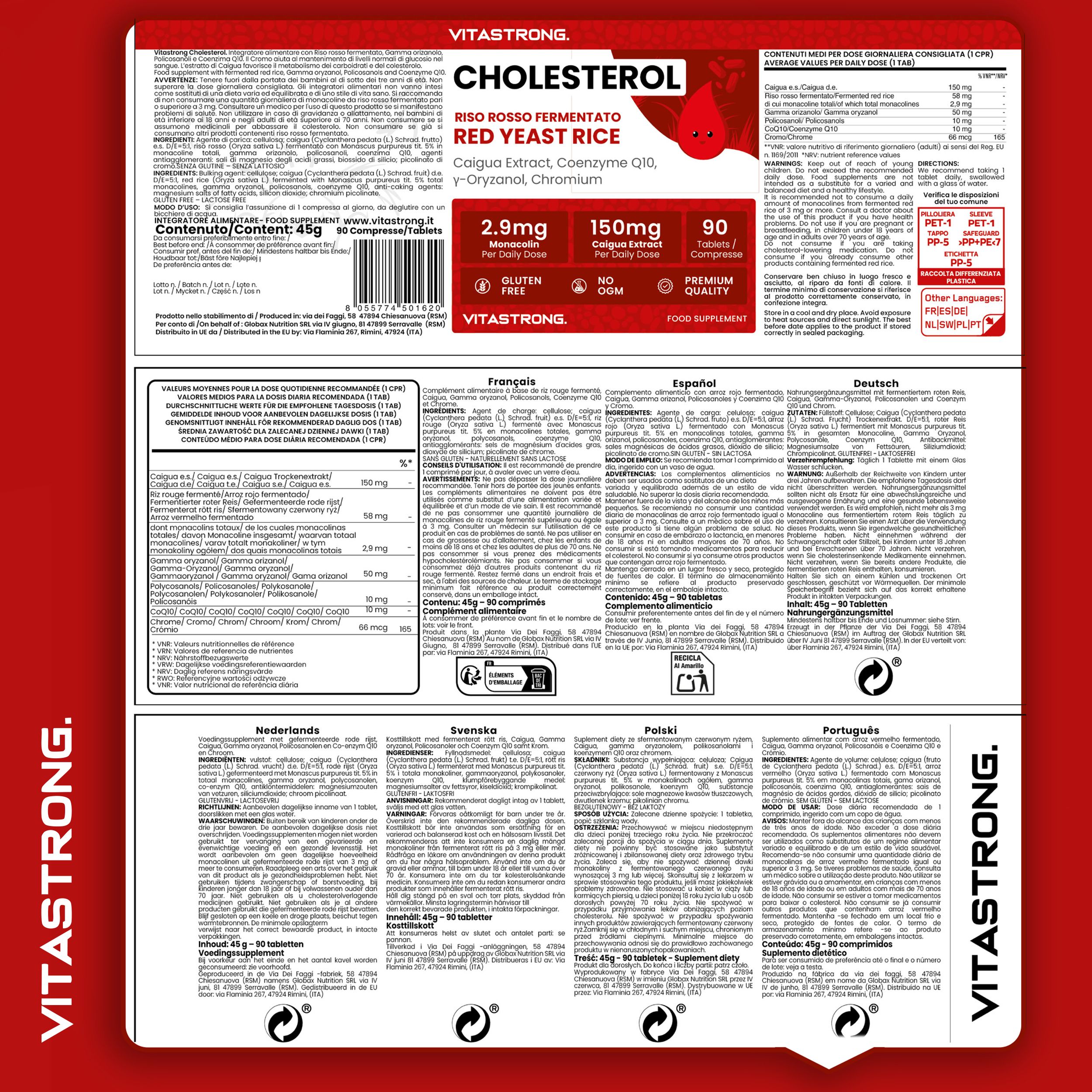 Vitastrong Cholesterin, 90 Tabletten. Rückseite der Verpackung mit Text in mehreren Sprachen.