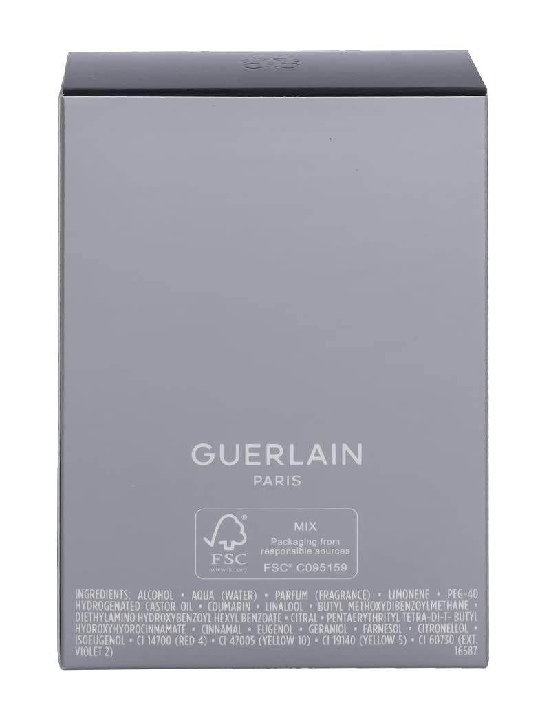 Rückseite der Verpackung von Guerlain L'Homme Ideal Eau de Toilette. Graue Verpackung mit Text und FSC-Logo.