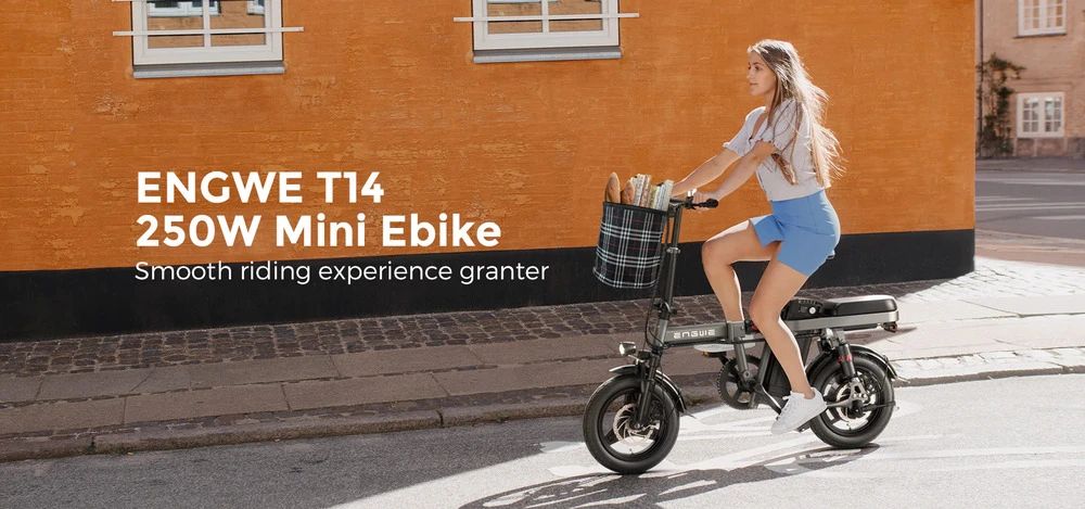 Frau fährt auf einem schwarzen E-Bike. Text: ENGWE T14 250W Mini Ebike. Glattes Fahrerlebnis garantiert.