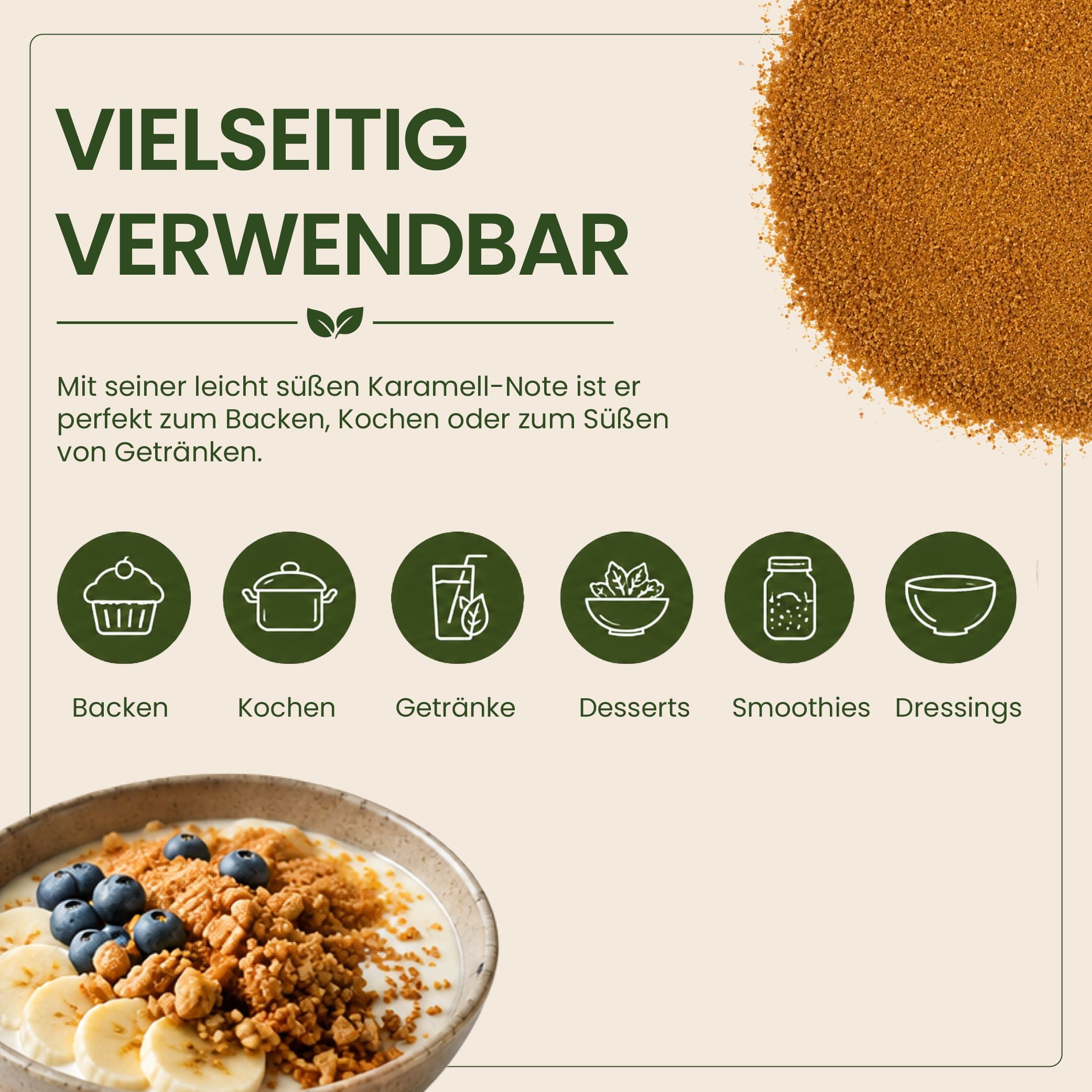 Brauner Zucker mit Karamellnote, vielseitig verwendbar zum Backen, Kochen, für Getränke, Desserts, Smoothies und Dressings.