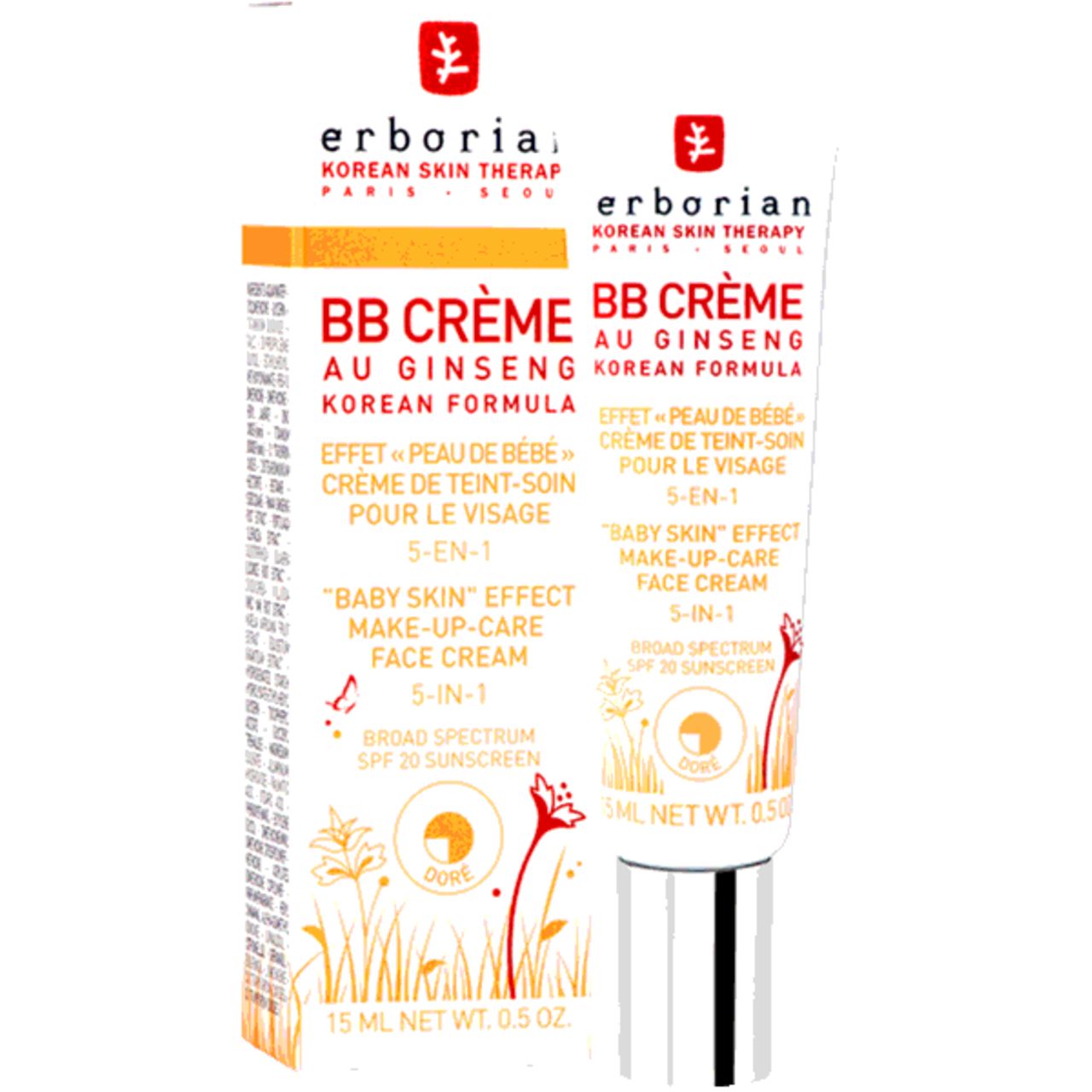 BB Crème au Ginseng Doré, Tube und Verpackung. Marke: Erborian. Text: Baby Skin Effect, 5-in-1, SPF 20, 15 ml.