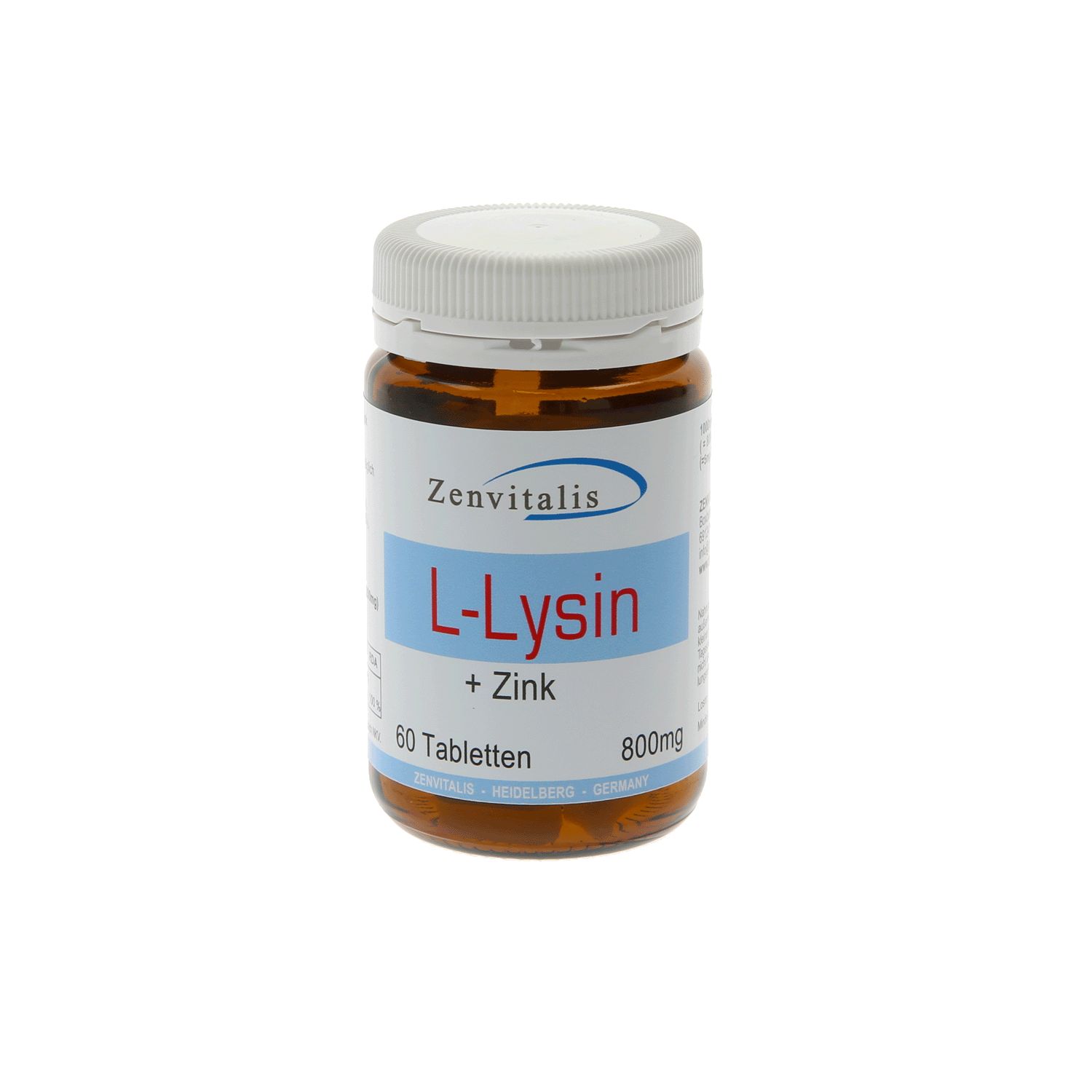 Braune Glasflasche mit weißem Deckel. Aufschrift: L-Lysin + Zink, 60 Tabletten, 800mg. Marke: Zenvitalis.