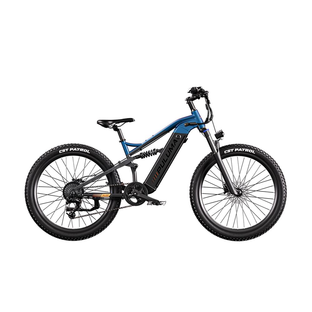 Blau-schwarzes Elektrofahrrad. Marke PULUMA, breite Reifen, Federung, Scheibenbremsen.