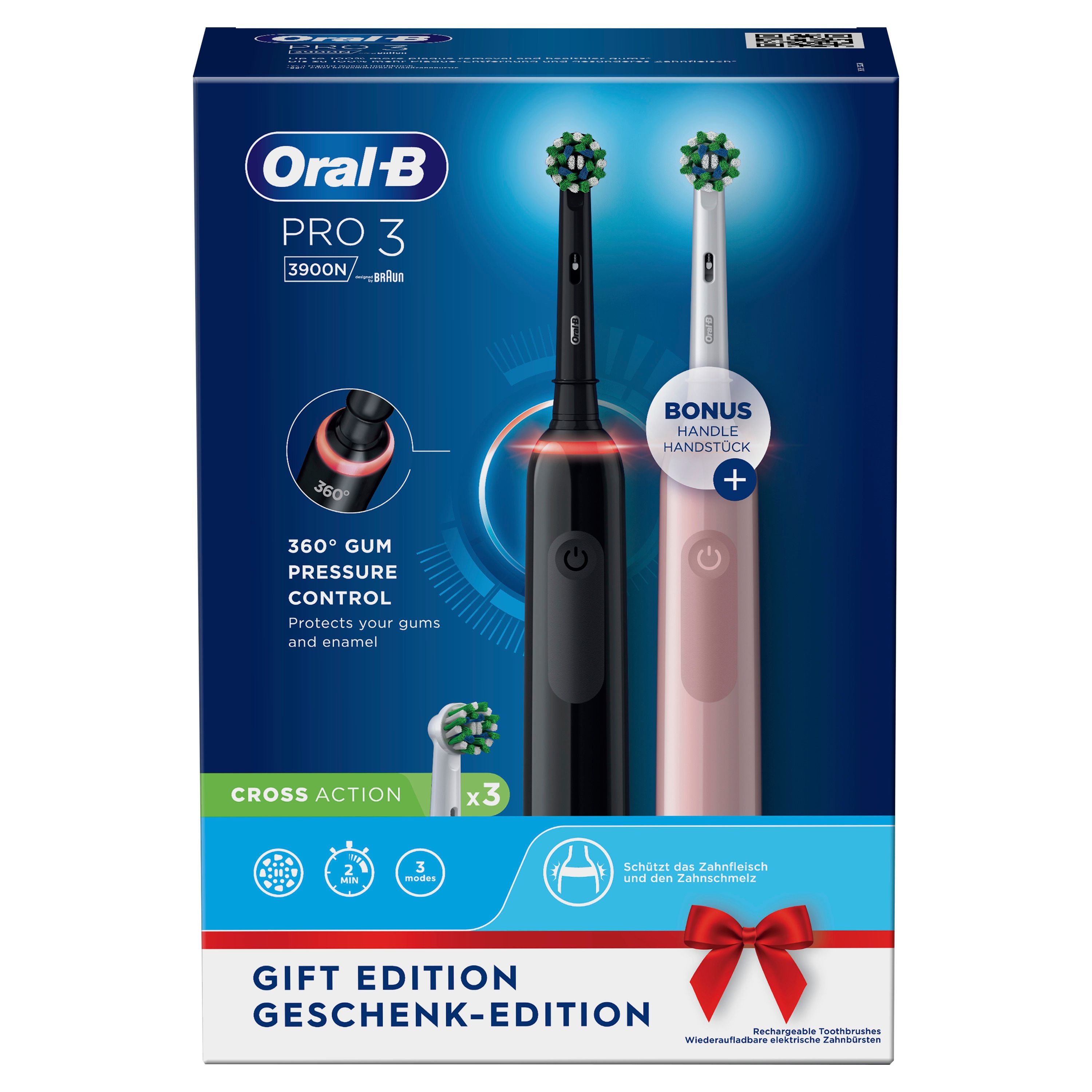 Oral-B - Elektrische Zahnbürste "Pro 3 + 2. Handstück" in Schwarz/Pink