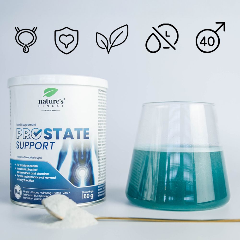 Dose Nature's Finest Prostate Support, Löffel Pulver, Glas mit blauem Getränk, Icons.