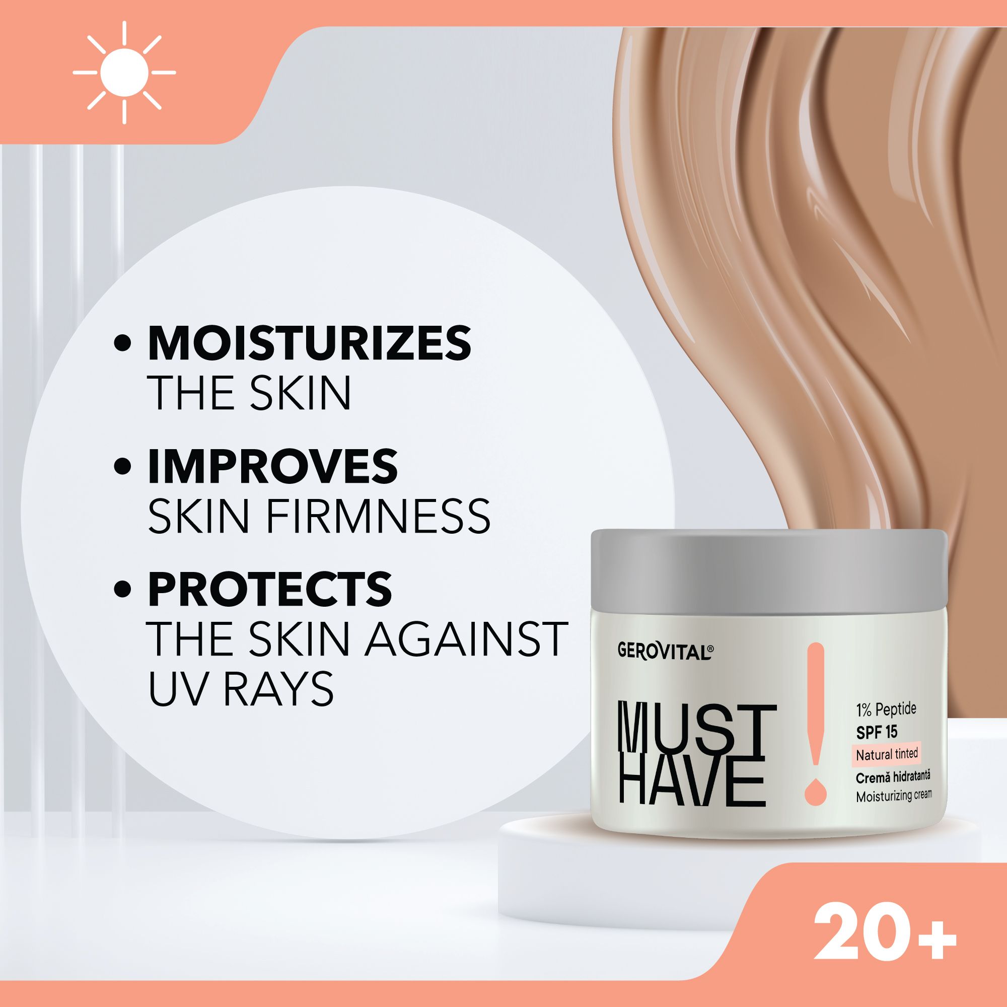 Creme-Tiegel auf Podest. Text: MOISTURIZES THE SKIN, IMPROVES SKIN FIRMNESS, PROTECTS THE SKIN AGAINST UV RAYS. Creme-Textur.