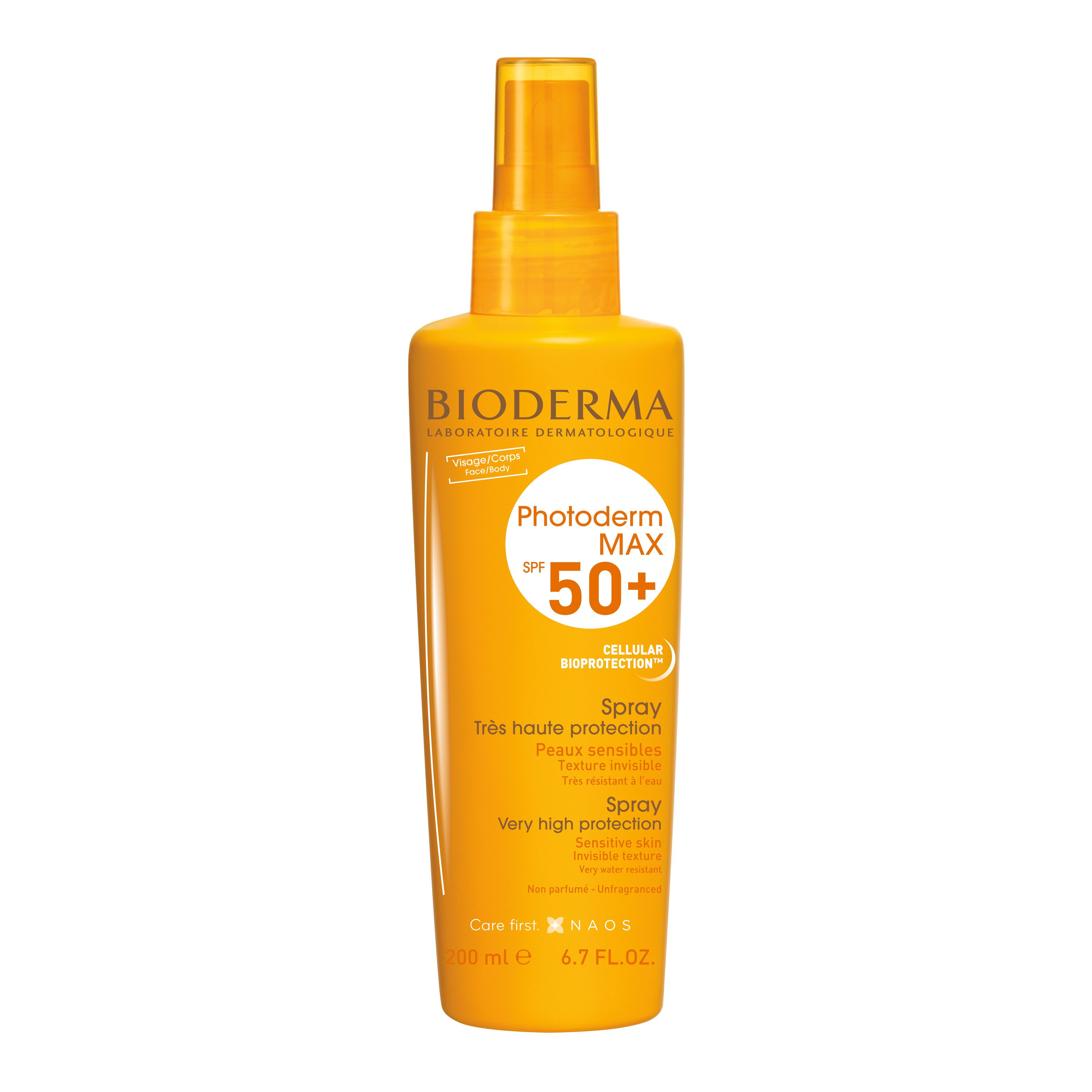 Gelbe Sprühflasche mit BIODERMA-Logo und Photoderm MAX SPF 50+. Text: Très haute protection, Peaux sensibles, Spray. 200 ml.