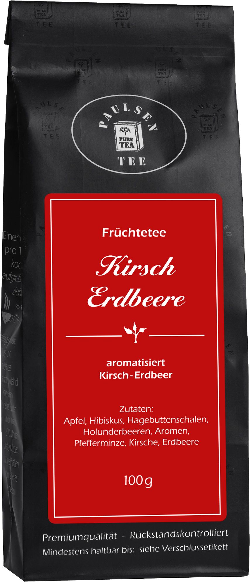 Schwarzer Beutel mit rotem Etikett. Aufschrift: Kirsch Erdbeere, Früchtetee. Zutatenliste und 100g.