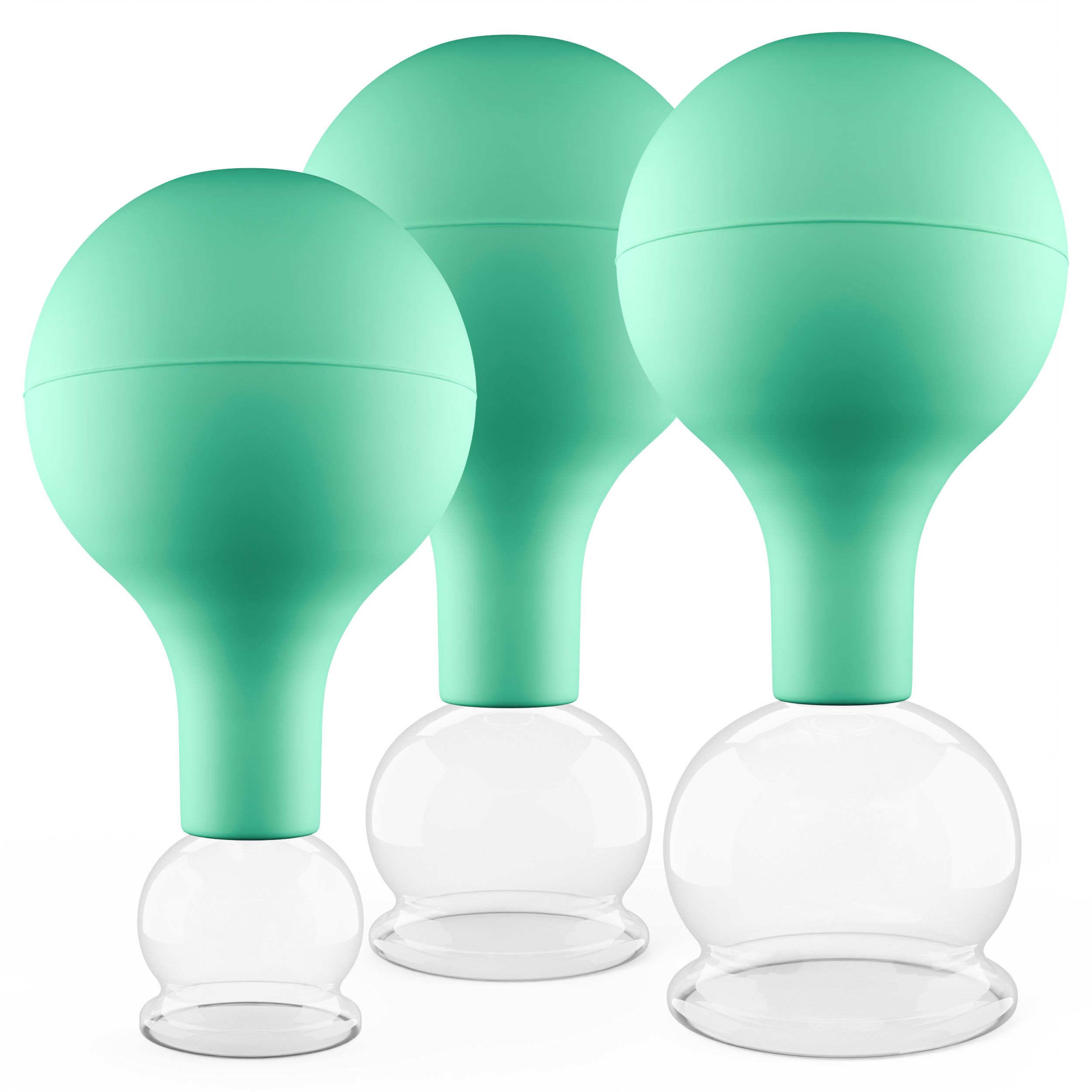 Pulox Schröpfgläser aus Echtglas mit Saugball - Set Trio klein in Grün: 25mm, 32mm, 40mm