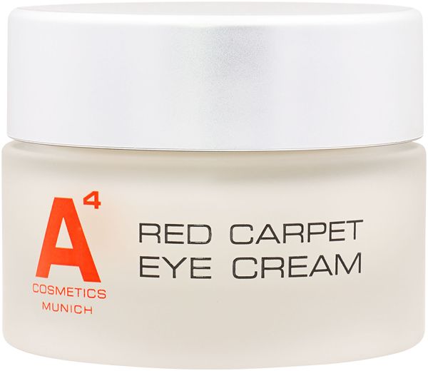 Cremebehälter mit silbernem Deckel. Aufschrift: A4 Cosmetics, Red Carpet Eye Cream.